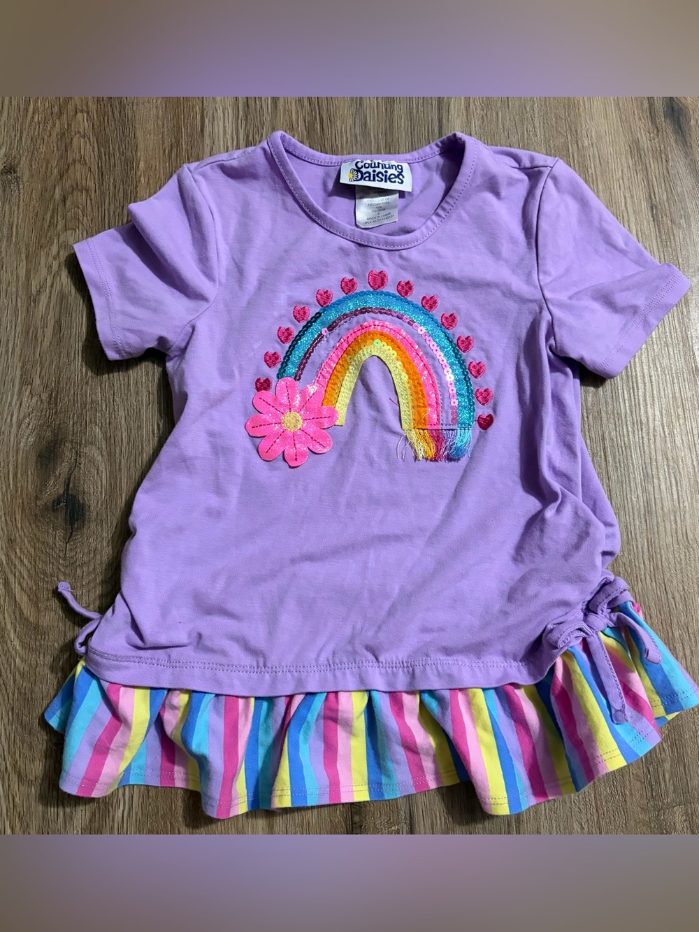 Counting Daisies - Lavender Ruffle Tee w/ Floral and Rainbow Applique - Size - 6